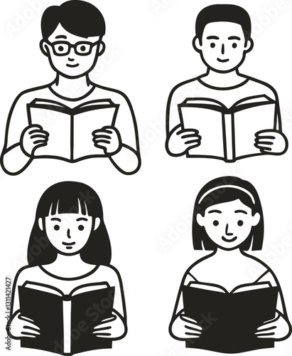 group of diverse people reading books education and learning in simple black and white illustration