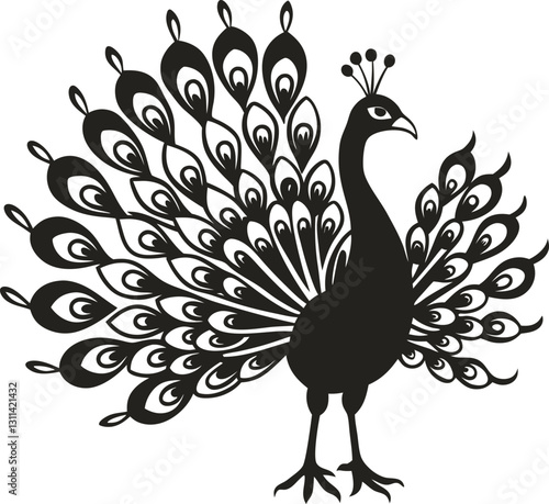 Intricate black peacock silhouette with elaborate tail feathers in elegant pose