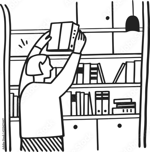 person shelving books in library, black and white illustration organized bookshelf, reading culture, knowledge enrichment