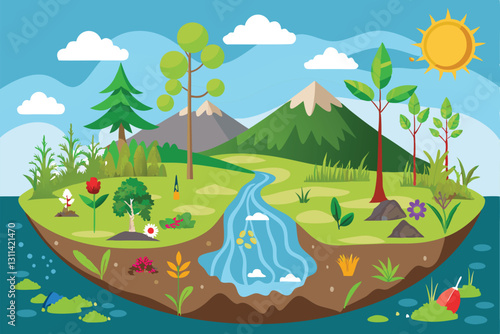 A vibrant landscape showcases the stages of primary succession, featuring diverse plants and flowing water, Primary succession and ecological growth process concept,