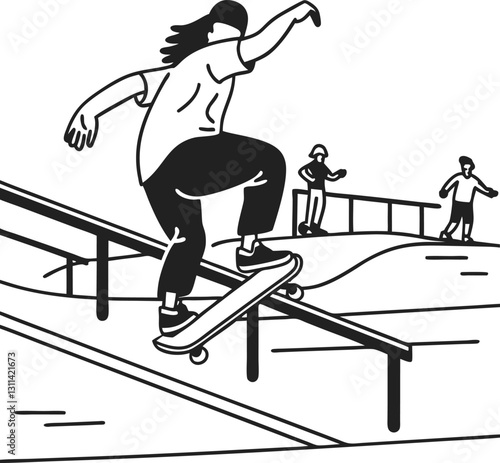 Skateboarder grinding rail, skatepark scene active youth, extreme sport concept