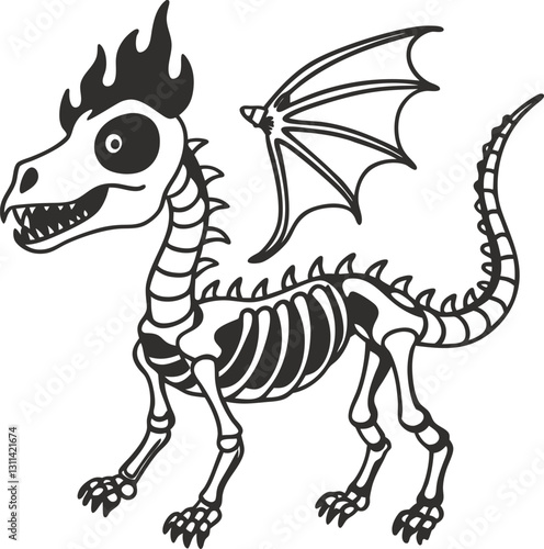 Skeleton dragon with flaming head and wings black and white fantasy creature illustration