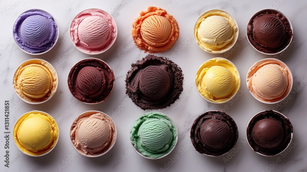Assorted ice cream scoops on marble, top view Assorted ice cream scoops on marble, top view