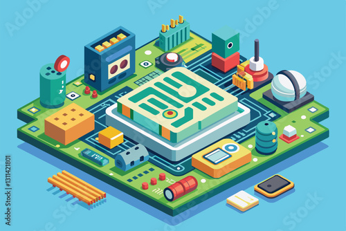 A vibrant cartoon-style depiction of a printed circuit board surrounded by electronic components and tools, Printed circuit board Customizable Cartoon Illustration