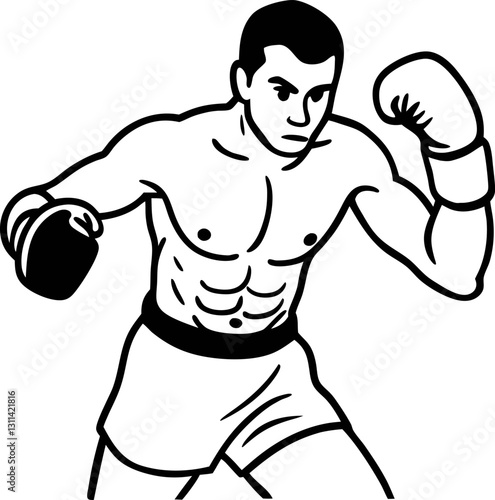 boxer in fighting stance, muscular athlete in gloves black and white illustration, sports competition concept