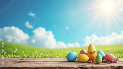 Rustic Wooden Tabletop Perfect for Showcasing Easter Products in Marketing Campaigns and Seasonal Promotions