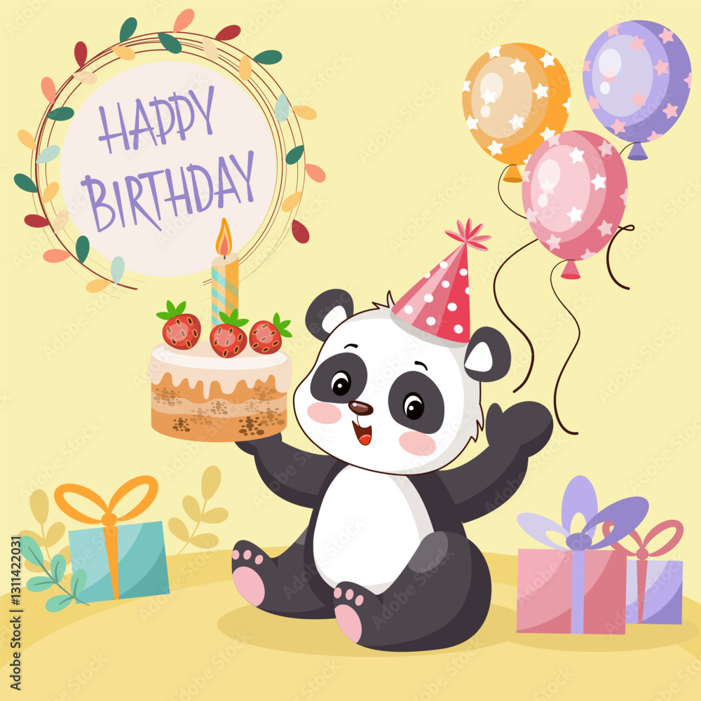Fototapeta premium Children's Happy Birthday card with funny panda and cake