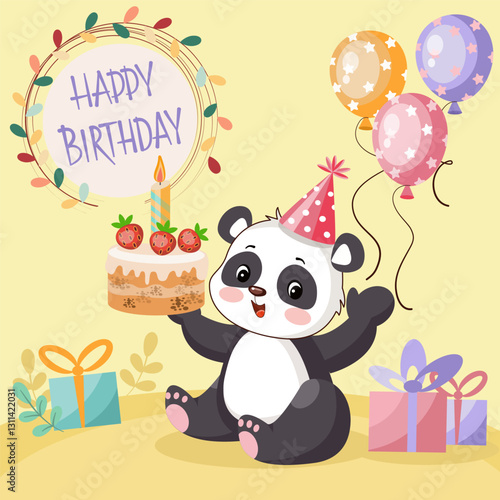 Children's Happy Birthday card with funny panda and cake