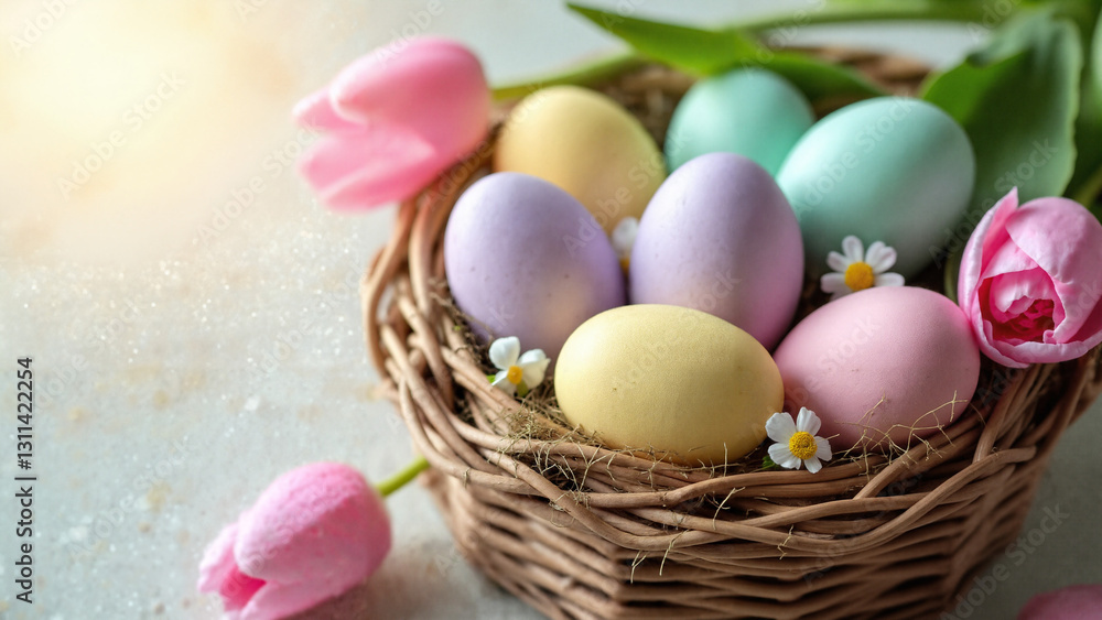 Vibrant Easter Basket with Colorful Eggs and Tulips for Seasonal Marketing and Greeting Cards Vibrant Easter Basket with Colorful Eggs and Tulips for Seasonal Marketing and Greeting Cards
