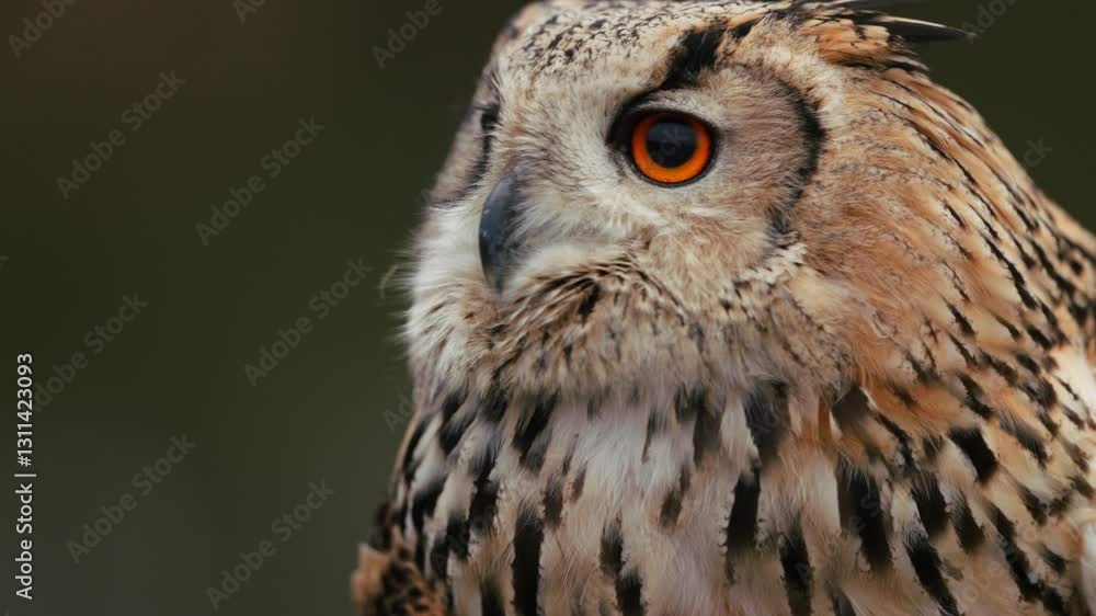 Siberian Eagle Owl slowly turning its head with piercing eyes. Telephoto slomo Siberian Eagle Owl slowly turning its head with piercing eyes. Telephoto slomo