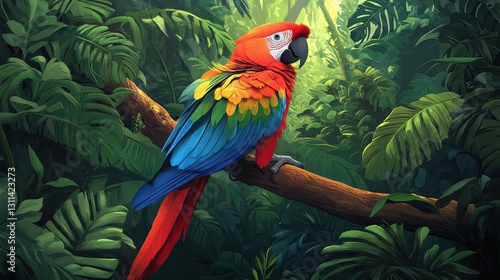 Wallpaper Mural A vibrant parrot with vivid red, yellow, green, and blue feathers perches on a lush green branch, its colors contrasting beautifully with the foliage Torontodigital.ca