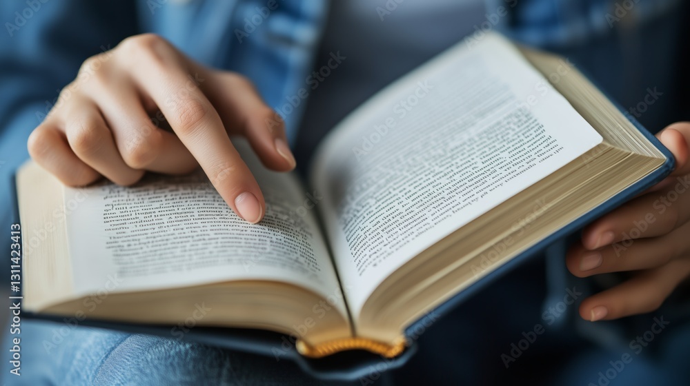 Fototapeta premium Person reading book pointing text education AI generated