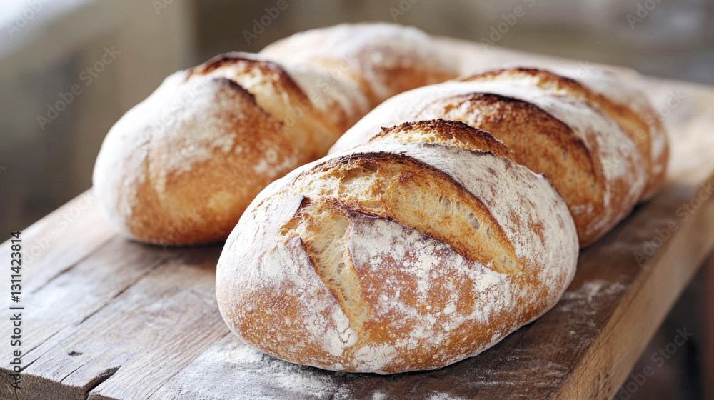 Freshly baked crusty artisan bread loaves on rustic wooden table Freshly baked crusty artisan bread loaves on rustic wooden table