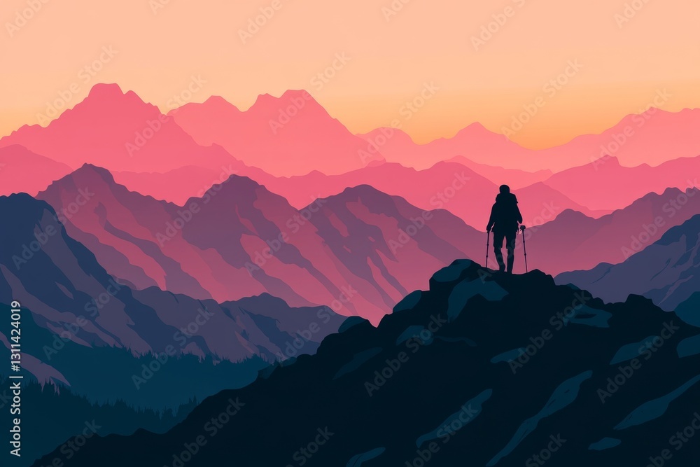 Fototapeta premium Hiker Silhouette Against Vibrant Mountain Sunset Landscape View
