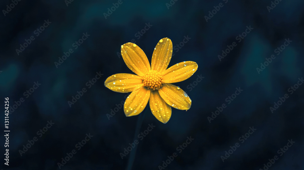 Yellow flower with dewy petals against dark background Yellow flower with dewy petals against dark background