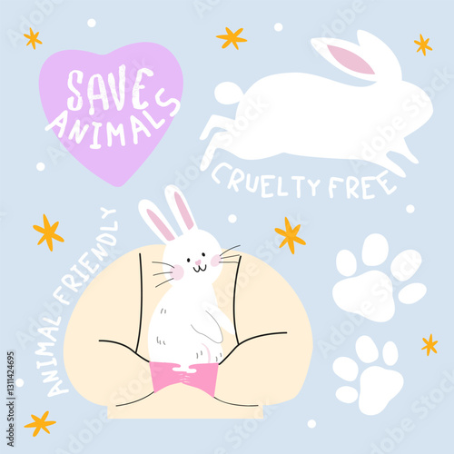 Animal friendly cute cartoon vector illustration. Cruelty free concept stickers design. Actions and policies to protect nature and animals in need of protection. White bunny cute character