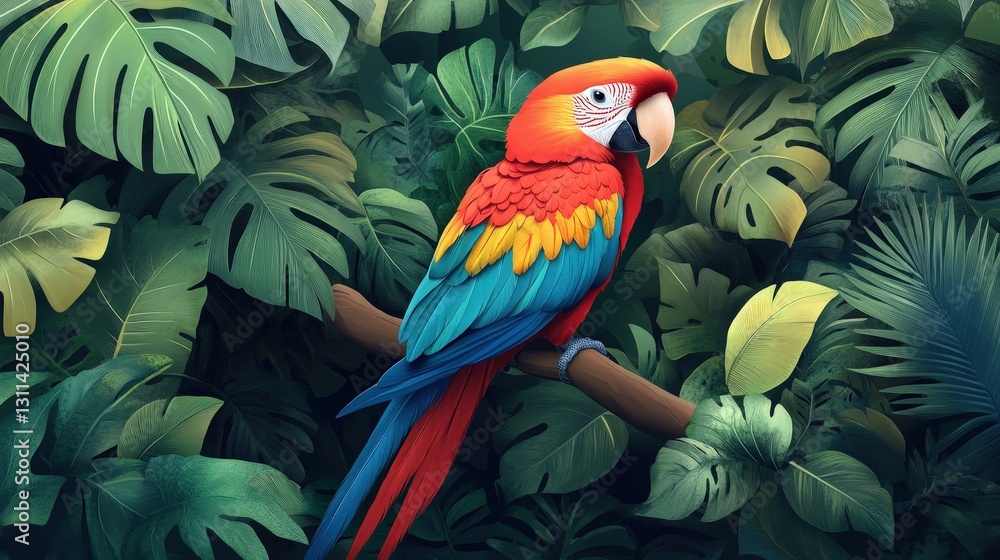 Obraz premium A vibrant parrot with dazzling red, yellow, and blue feathers perches on a lush jungle branch, surrounded by the emerald vibrancy of a tropical canopy. Its vivid colors stand out brilliantly in this v