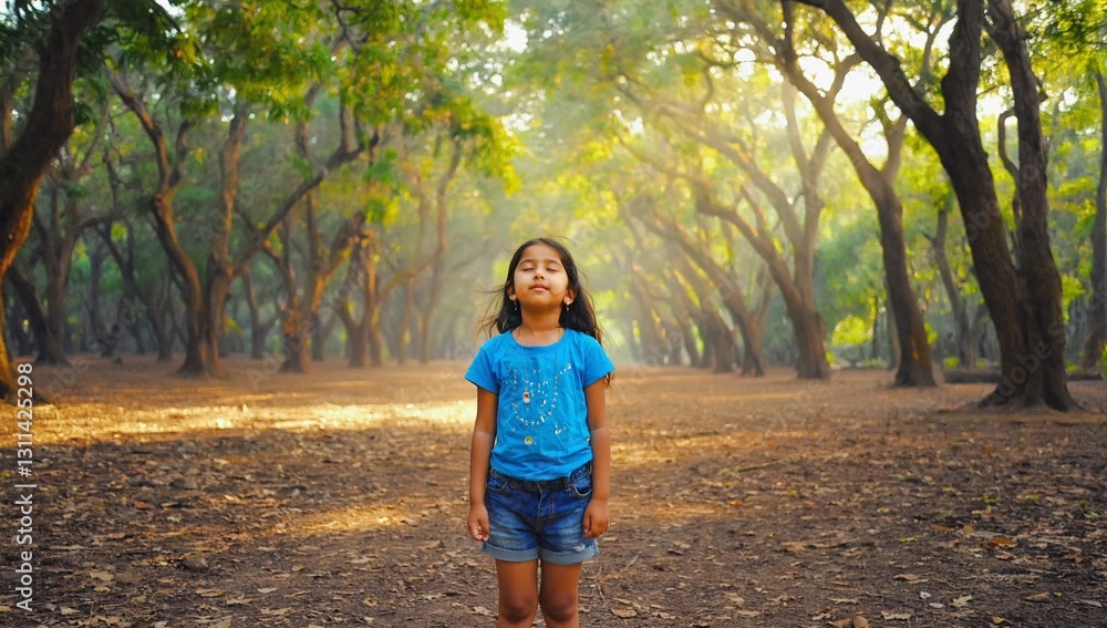 Fototapeta premium A little girl stands in the middle of a leafy alley and looks up at the clouds.