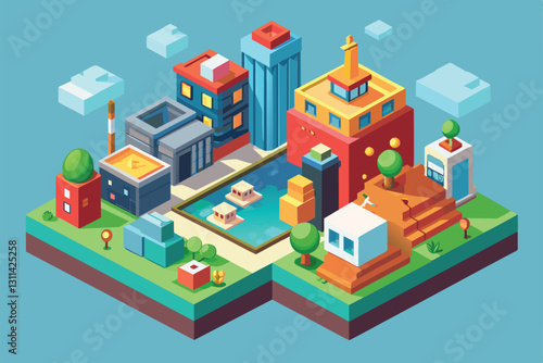 A colorful isometric design features vibrant buildings, trees, and a central lake with floating structures, Prioritise Customizable Isometric Illustration
