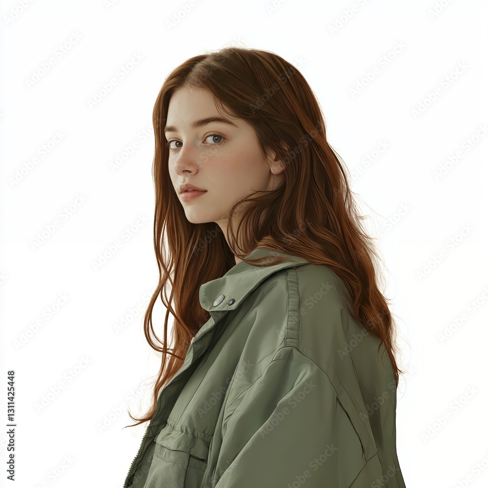 Person with light almond skin, long garnet hair in a matte sea glass green jacket, faded cuffs, relaxed hunched pose, soft nutty glow, full view, isolated on white background - Generative AI Person with light almond skin, long garnet hair in a matte sea glass green jacket, faded cuffs, relaxed hunched pose, soft nutty glow, full view, isolated on white background - Generative AI