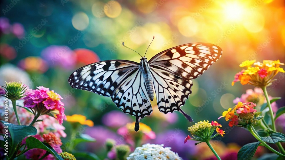 Naklejka premium A Graceful Butterfly in Flight Above a Vibrant Garden of Blossoms, Bathed in the Warm Glow of Golden Sunlight