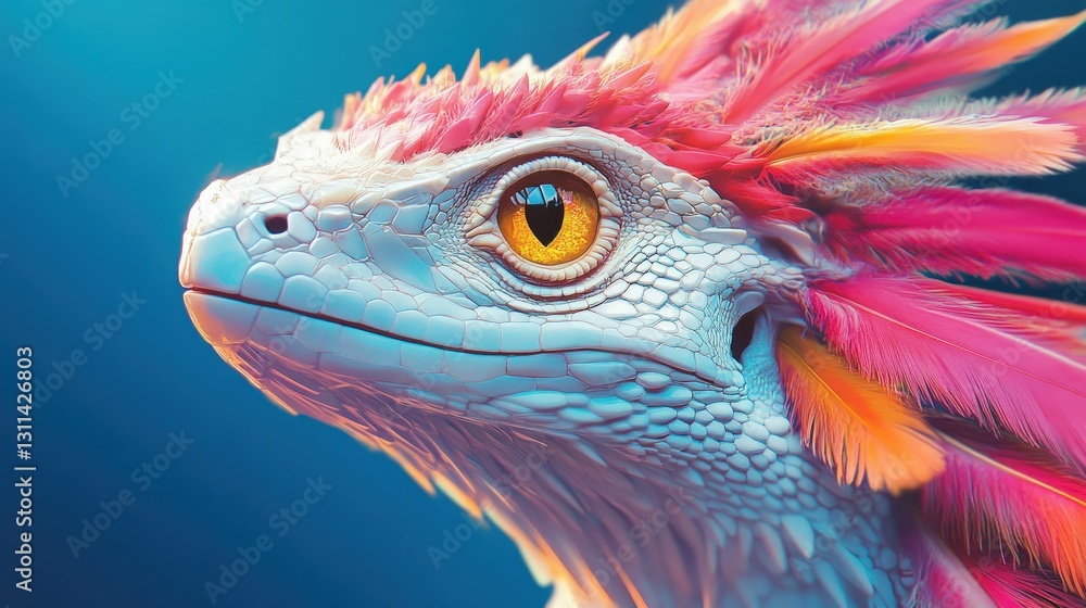 Obraz premium A stunning close-up reveals a vibrant blue and pink lizard. Its striking yellow eye captures attention amid the vivid hues, framed by an intricate pattern on its head and neck