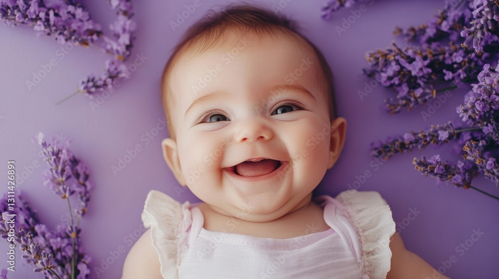 happy baby girl surrounded by lavender happy baby girl surrounded by lavender