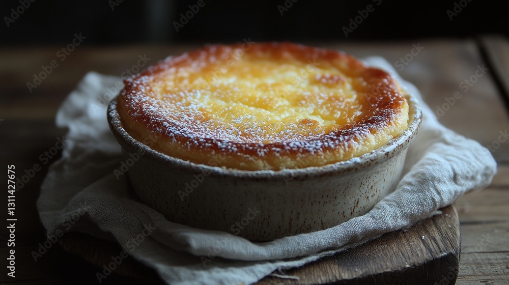 Baked Custard in Dish on Wooden Tablecloth Baked Custard in Dish on Wooden Tablecloth