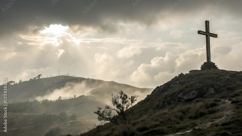 Hilltop Cross with Dramatic Cloudy Sky and Sunbeams Hilltop Cross with Dramatic Cloudy Sky and Sunbeams