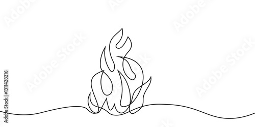 Continuous line flame icon. A simple black line drawing of a burning fire in a minimalist style on a white background. Vector illustration