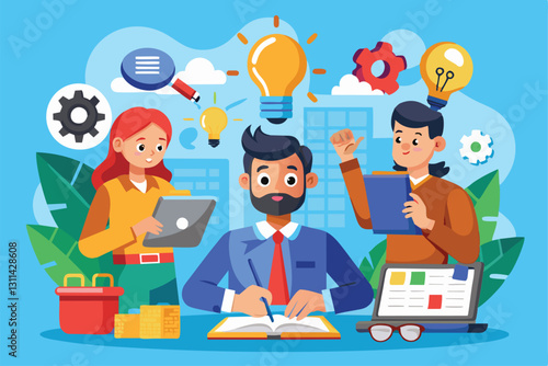 Three diverse characters engage in creative problem solving in a bright office environment, showcasing teamwork, Problem solving Customizable Cartoon Illustration