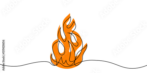 Continuous line flame icon in color. A simple line drawing of a burning fire with color in a minimalist style on a white background. Vector illustration