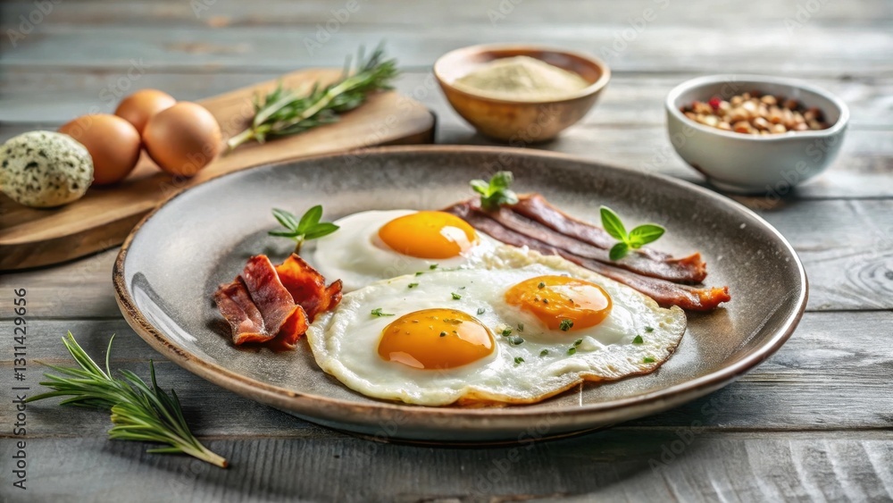 A delightful breakfast plate featuring sunny-side up eggs and crispy bacon, garnished with fresh herbs, served on a rustic wooden table with additional eggs and seasonings. A delightful breakfast plate featuring sunny-side up eggs and crispy bacon, garnished with fresh herbs, served on a rustic wooden table with additional eggs and seasonings.