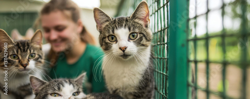 group of volunteers caring for rescued cats at shelter