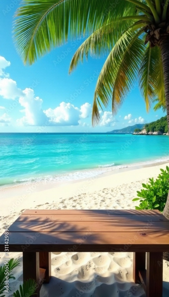 Empty wooden desk overlooking a tranquil summer beach , freedom, peaceful, green Empty wooden desk overlooking a tranquil summer beach , freedom, peaceful, green