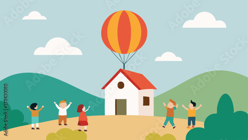 Up Up and Away An imaginative vector showing a classic cottage with a thatched roof being lifted by a gigantic striped balloon. The balloon has a playful expression with its face
