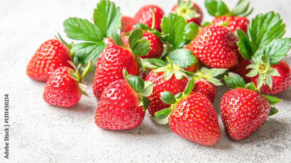 Fresh red strawberries with green leaves on light background Fresh red strawberries with green leaves on light background