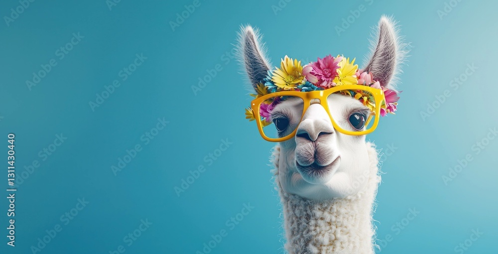 Fototapeta premium Playful llama wearing flower crown and yellow glasses against a bright blue background, perfect for summer themed designs and animal lovers