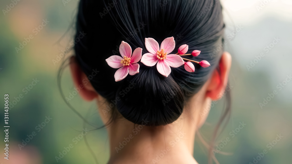 Naklejka premium Sakura flower-shaped hairpin adorns a hair bun of Japanese girl in kimono back view. Elegant modest traditional womens hairstyle. Blooming pink cherries. A feminine stylish hair accessory. Springtime.