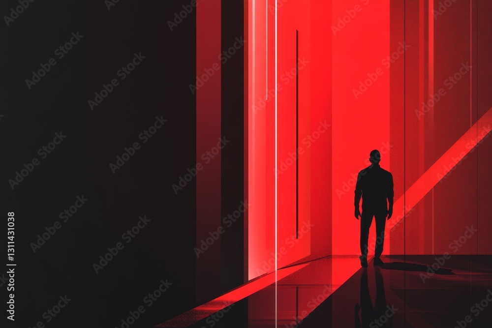 Silhouetted Figure in a Dramatic Red Light Abstract Environment Silhouetted Figure in a Dramatic Red Light Abstract Environment