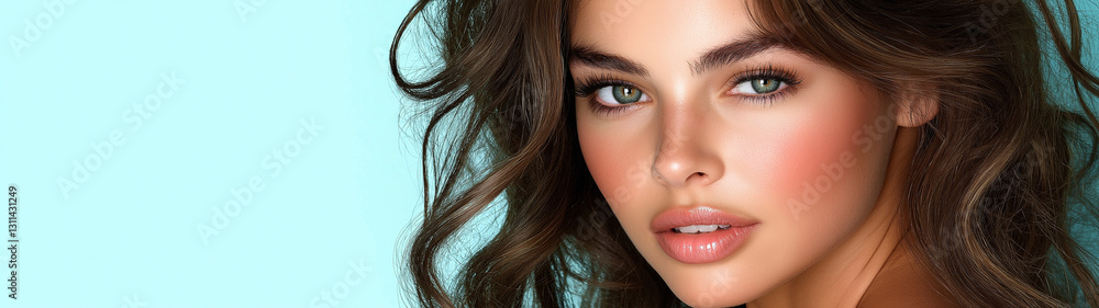 Glamorous beauty portrait of a woman with flawless skin and wavy hair for cosmetics, skincare, and fashion branding. Copy space Glamorous beauty portrait of a woman with flawless skin and wavy hair for cosmetics, skincare, and fashion branding. Copy space