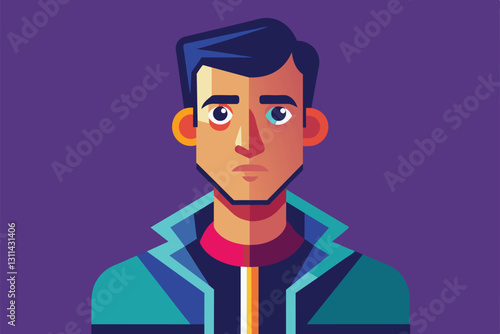 A young man stands confidently, featuring a vibrant blue jacket and a clean hairstyle against a colorful background, Process Customizable Disproportionate Illustration
