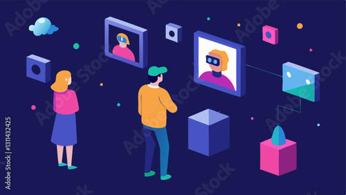 Virtual Art Exhibition A digital gallery space filled with floating frames displaying various pieces of AIgenerated art with visitors interacting through augmented reality