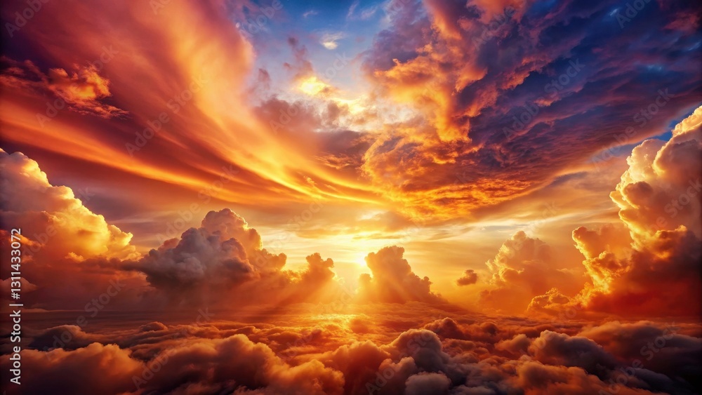 Fiery Sunset Sky A Breathtaking Panorama of Clouds Illuminated by Golden Hues and Radiant Light Beams Fiery Sunset Sky A Breathtaking Panorama of Clouds Illuminated by Golden Hues and Radiant Light Beams
