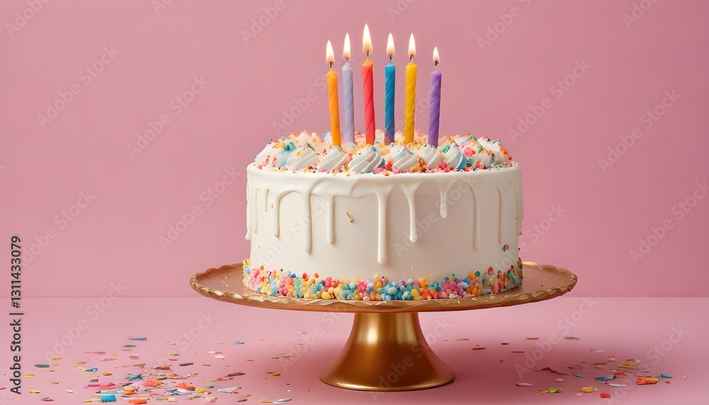 A white frosted cake topped with rainbow sprinkles and a single candle, perfect for april fools' day A white frosted cake topped with rainbow sprinkles and a single candle, perfect for april fools' day