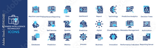 Business intelligence Technology icon set. Containing Machine Learning, Dashboard Reporting, Data, dashboard, Report