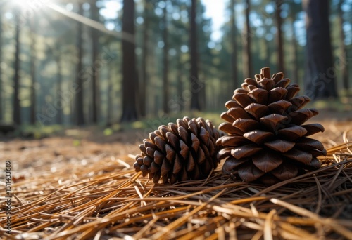 Close-Up of Pine Cones on a Forest Floor Covered with Pine Needles, Warm Autumn Tones