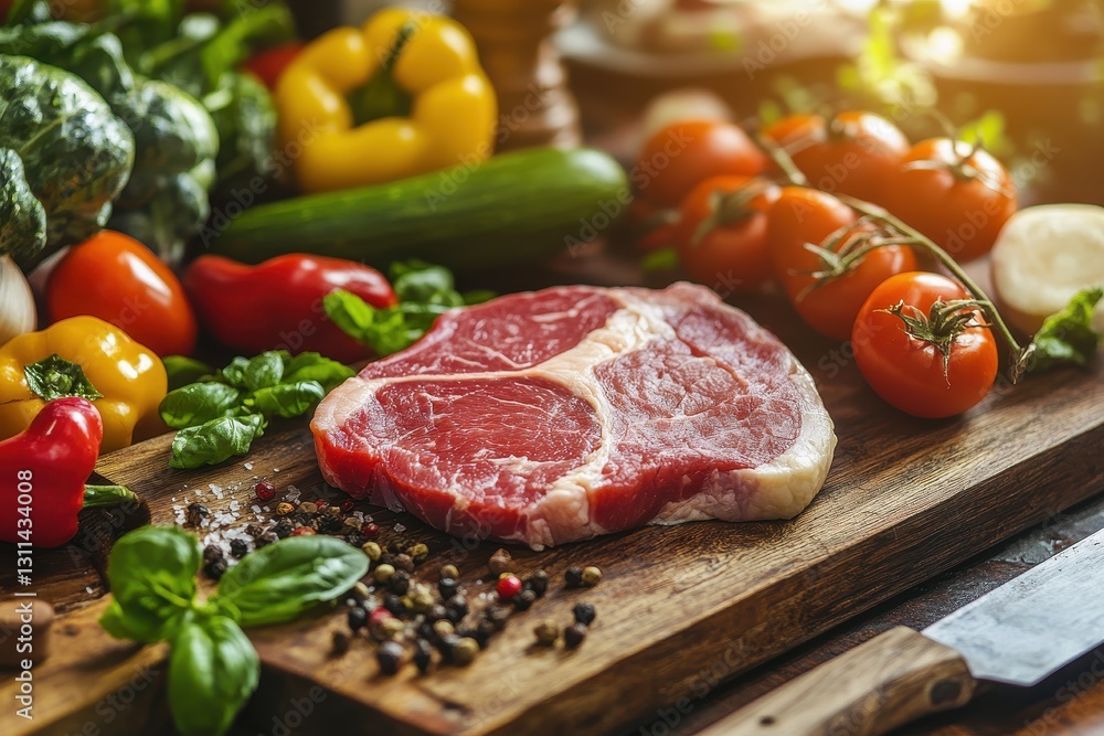 Fresh Organic Vegetables and Raw Meat on Rustic Wooden Counter Fresh Organic Vegetables and Raw Meat on Rustic Wooden Counter