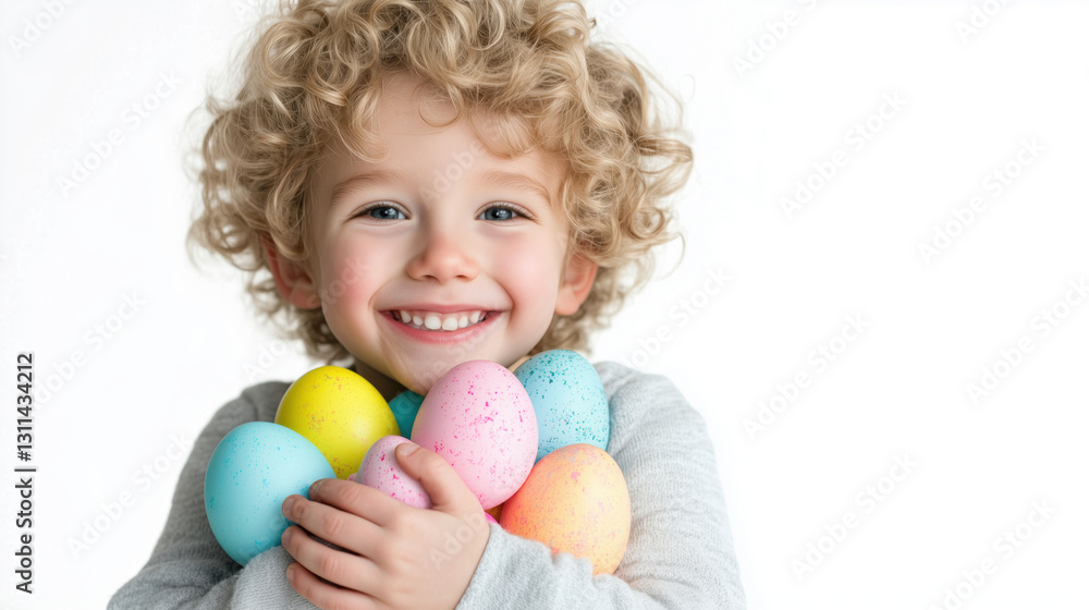 A cute, happy and smiling kid, American white boy, hugging a basket full of colorful Easter eggs on a plain white background with copy space for text. A cute, happy and smiling kid, American white boy, hugging a basket full of colorful Easter eggs on a plain white background with copy space for text.