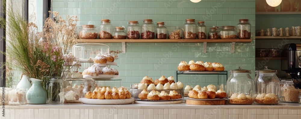 A scenic bakery display featuring a variety of artisanal breads, pastries, and colorful desserts in a charming setting. A scenic bakery display featuring a variety of artisanal breads, pastries, and colorful desserts in a charming setting.